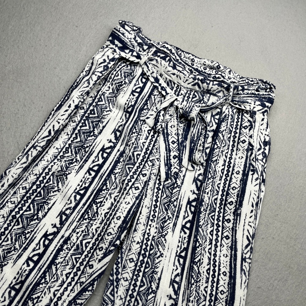 Cali 1850 Blue‎ White Tribal Print Linen Pants Medium Boho Y2K Paperbag Waist